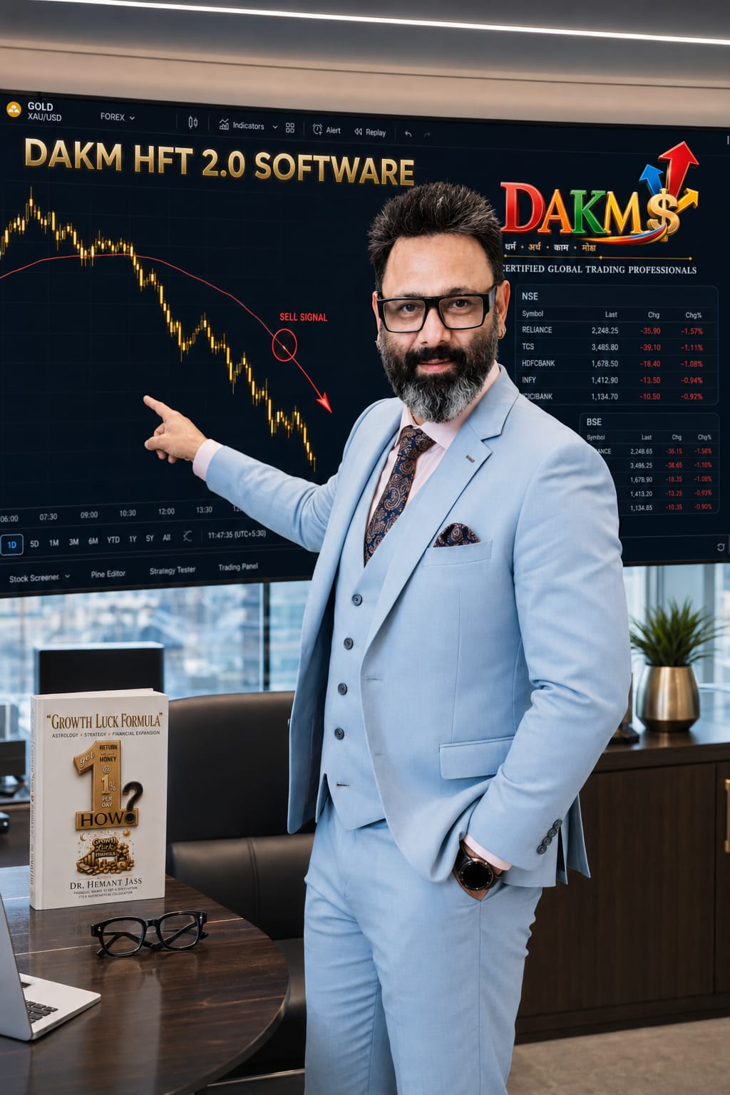 DAKM HFT 2.0 Software — Dr. Hemant Jass showing gold sell signal on trading terminal